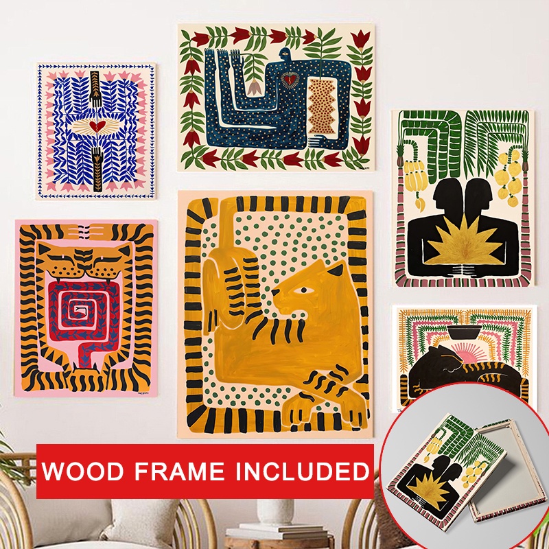 (with Frame) Ancient Egito Cartaz Boho Abstrato Colorido Com Moldura Leopardo Tigre Figura Pintura Em Tela De Arte De Parede Para Quadros De Decoração De Salas
