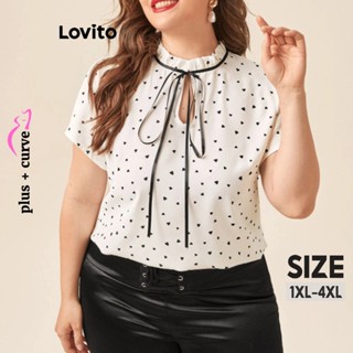 Lovito Blusa Plus Size Curva Elegante Com Fita De Bolinhas Para Mulheres LNL37125 (Branco)