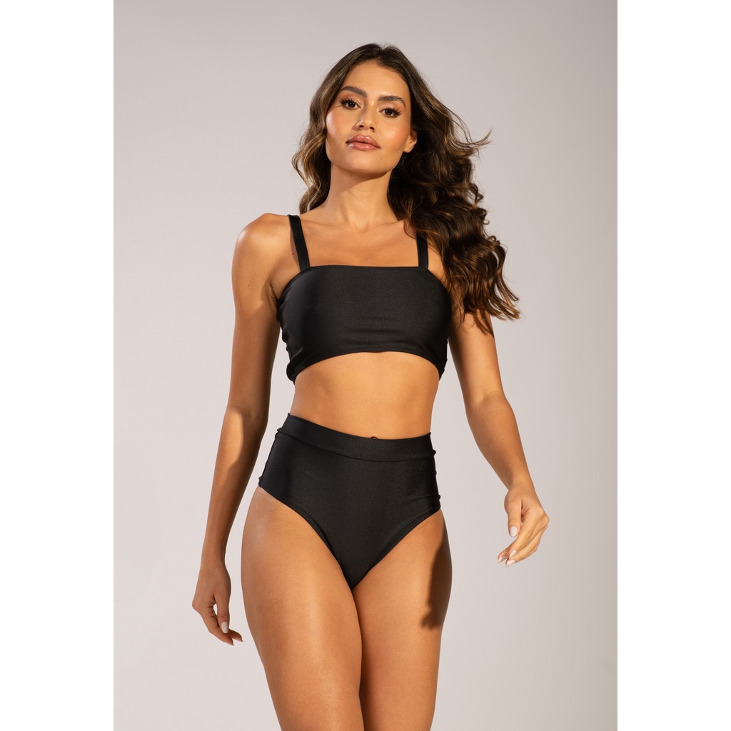 Biquíni Hot Pant Retrô Liso Cintura Alta Top Faixa Verão
