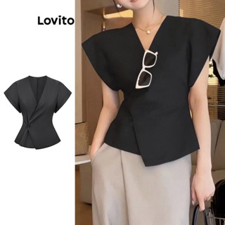 Lovito Elegante Blusa Feminina Lisa Cruzada com Botão L65ED053 (Preta)