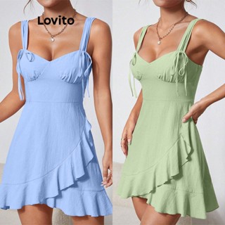 Lovito Vestido Feminino Casual Com Babados E Bainha Com Laço E Laço LNL38015 (Verde Claro/Azul Claro)