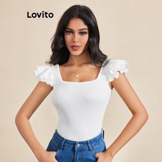 Lovito Camiseta Elegante com Decote Quadrado para Mulheres LBE03010 (Branco)
