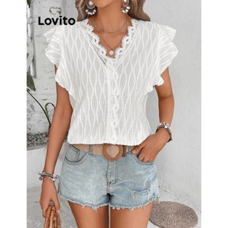 Lovito Blusa Feminina Boho Com Gola Simples E Babados LNL34018 (Branco Verde)