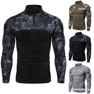Homem de manga comprida T-shirt tática de combate disfarce detalhes militares Slim Fit Plus Size