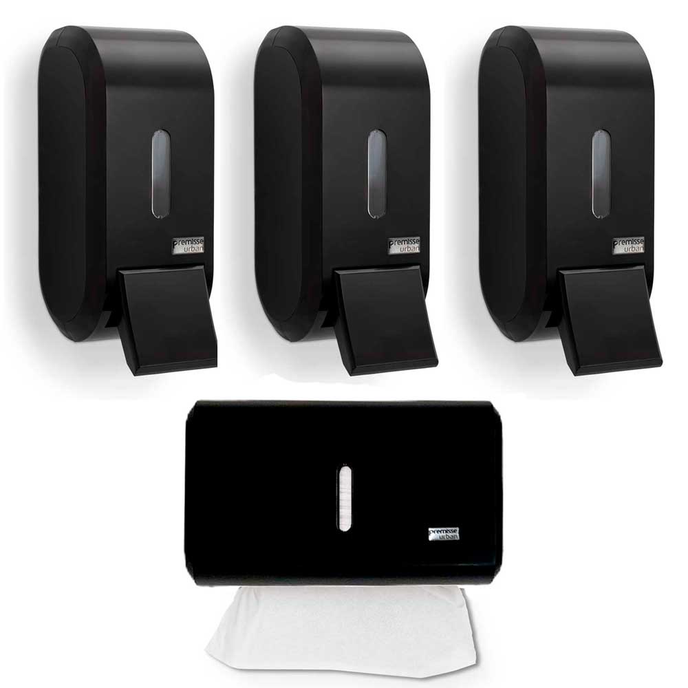 Kit 3 Dispenser Porta Sabonete líquido álcool gel + 1 porta papel toalha toalheiro compacto Urban Preto Banheiro Bar Lavabo Consultório Prédio Loja