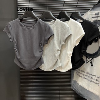 Lovito Camiseta Casual Lisa Franzida Para Mulheres LNE35228 (Cinza Claro/Cinza Escuro/Branco/Preto)