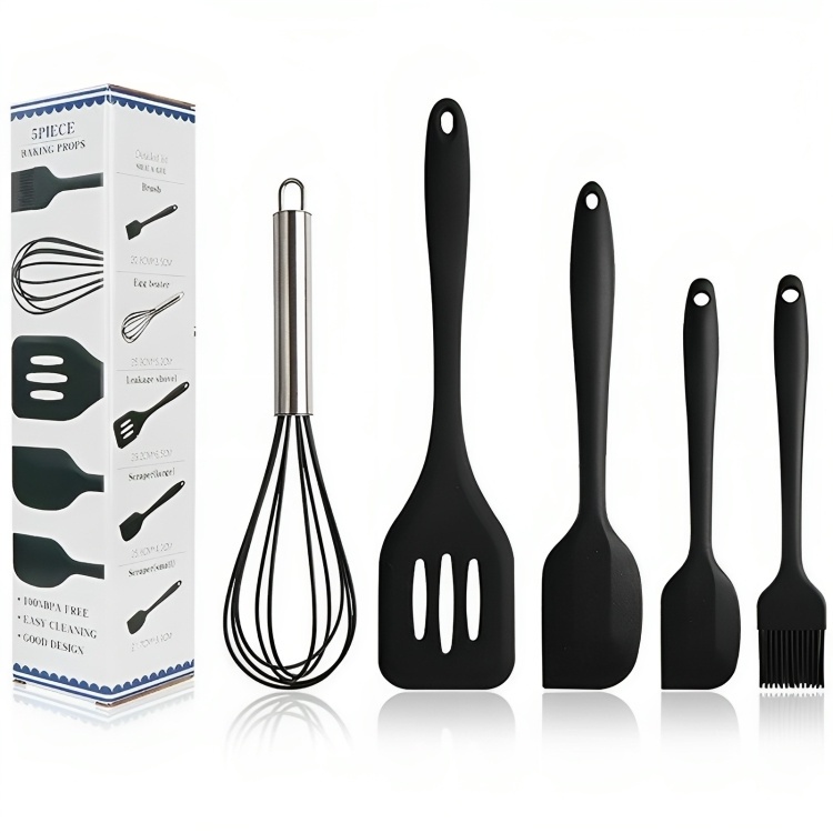 Kit 5 Utensílios  Espátulas de Cozinha De Silicone Antiderrapante Utensilios Cozinha Preto