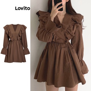 Lovito Casual Vestido Feminino Liso Amarrado com Manga Bufante e Bainha Enrugada L74ED300