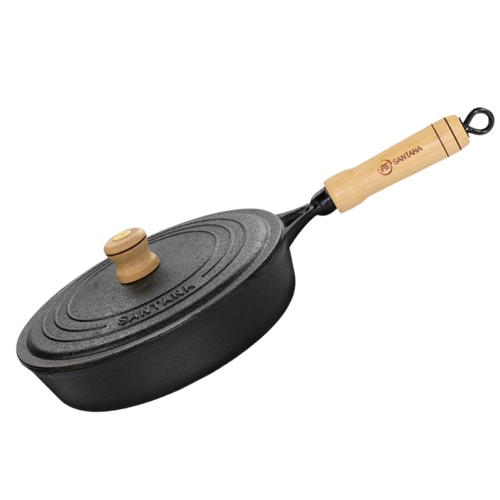 Frigideira De Ferro Fundido Com Tampa 22 cm Cabo Madeira em Oferta na Shopee