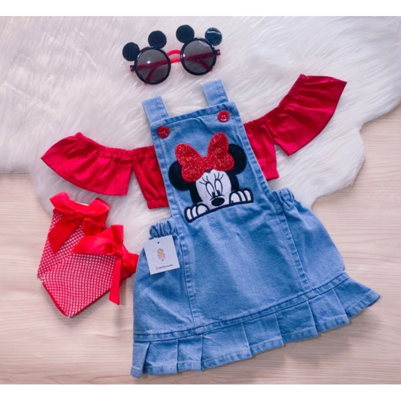 Jardineira Jeans Conjunto Moleton Minnie Rosa Vermelha Infantil Bebê Menina Body Salopete Fantasia Vestido Romper