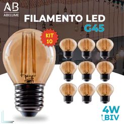 Kit 10 Lâmpada Filamento LED G45 4W E27 LUZ QUENTE (AMARELO) Âmbar Retrô Vintage 110V~220V | Bivolt