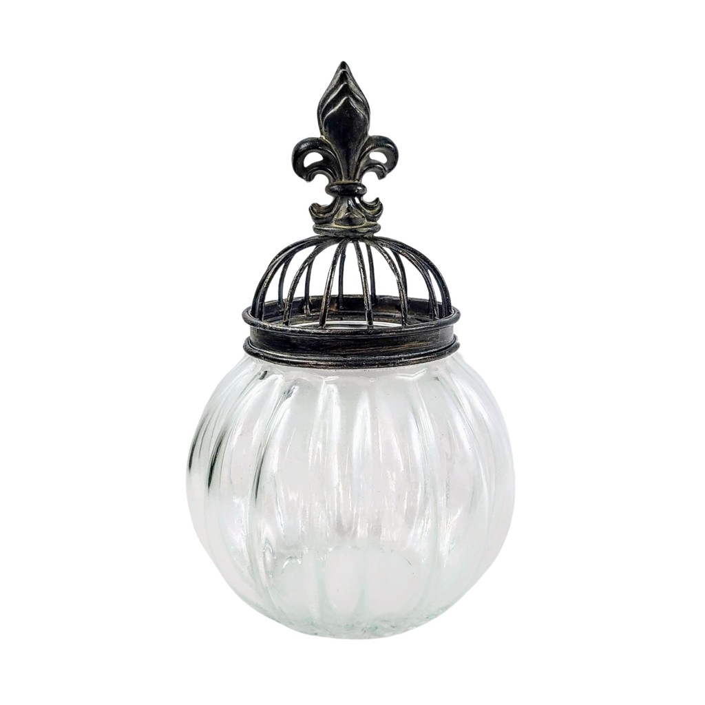 Pote Potiche Decorativo Flor De Lis Ferro E Vidro 25x16cm