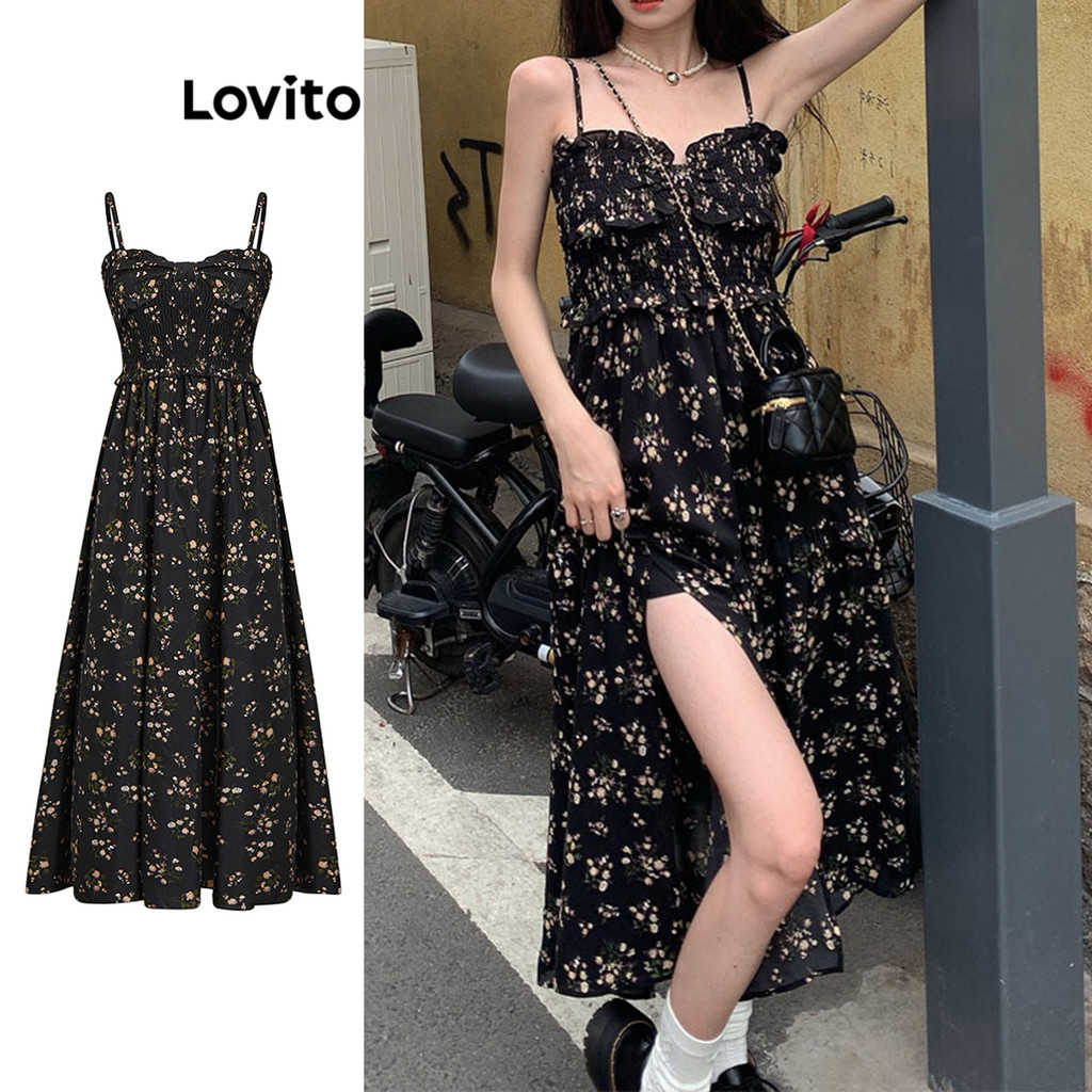 Lovito Vestido Boho Ditsy Floral Padrão Vestido Franzido Para Mulheres L79AD068 - Women Clothes