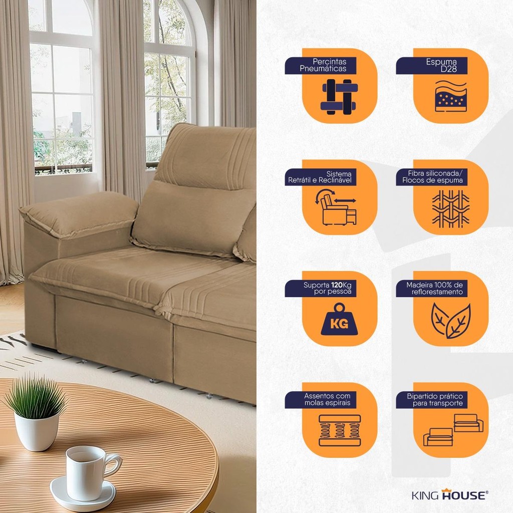 Sofá Retrátil Reclinável America 1,50m Suede Bege