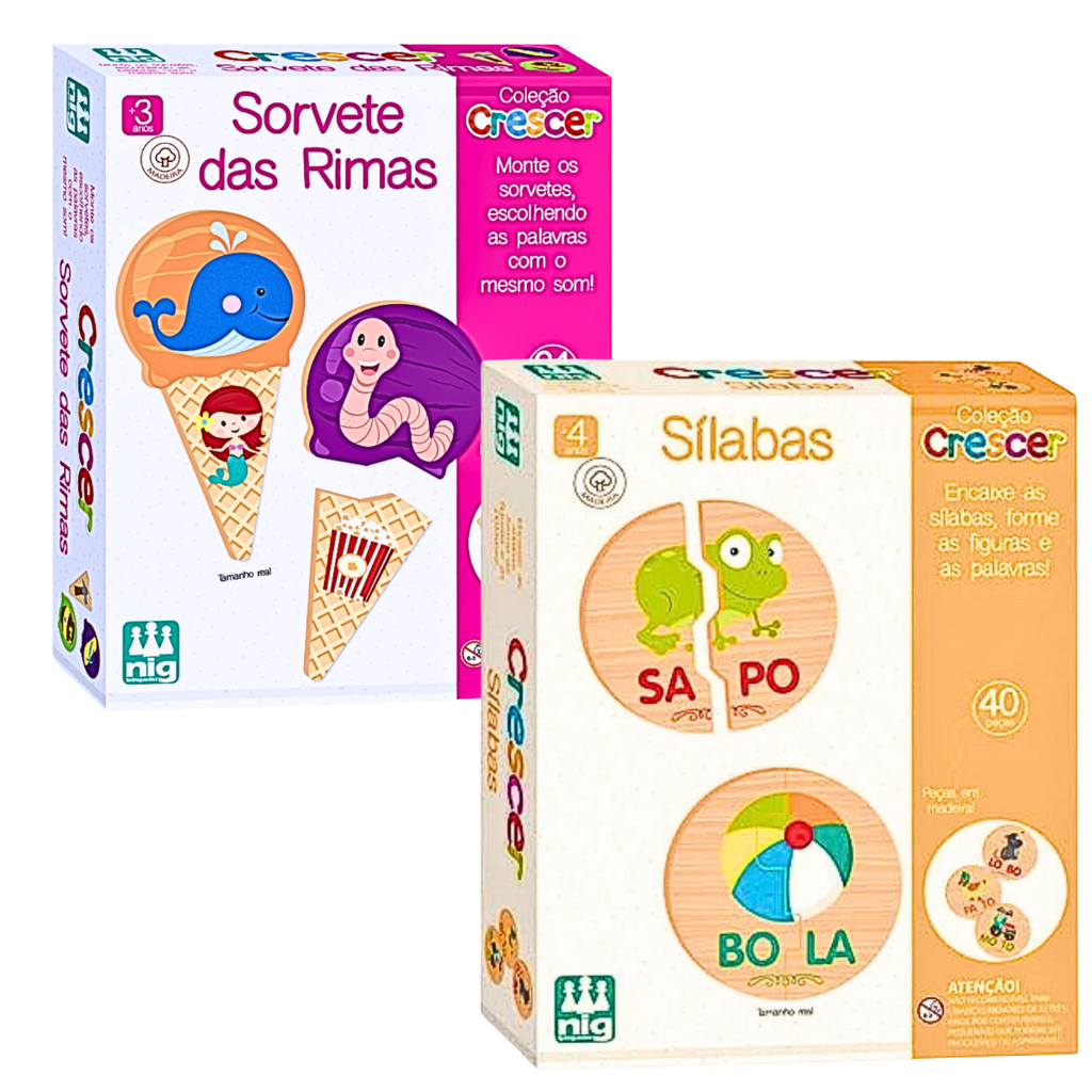 Kit 2 Brinquedo Educativo Jogos Das Silabas Quebra-cabeça Madeira E Sorvete Das Rimas Raciocinio Nig Brinquedos