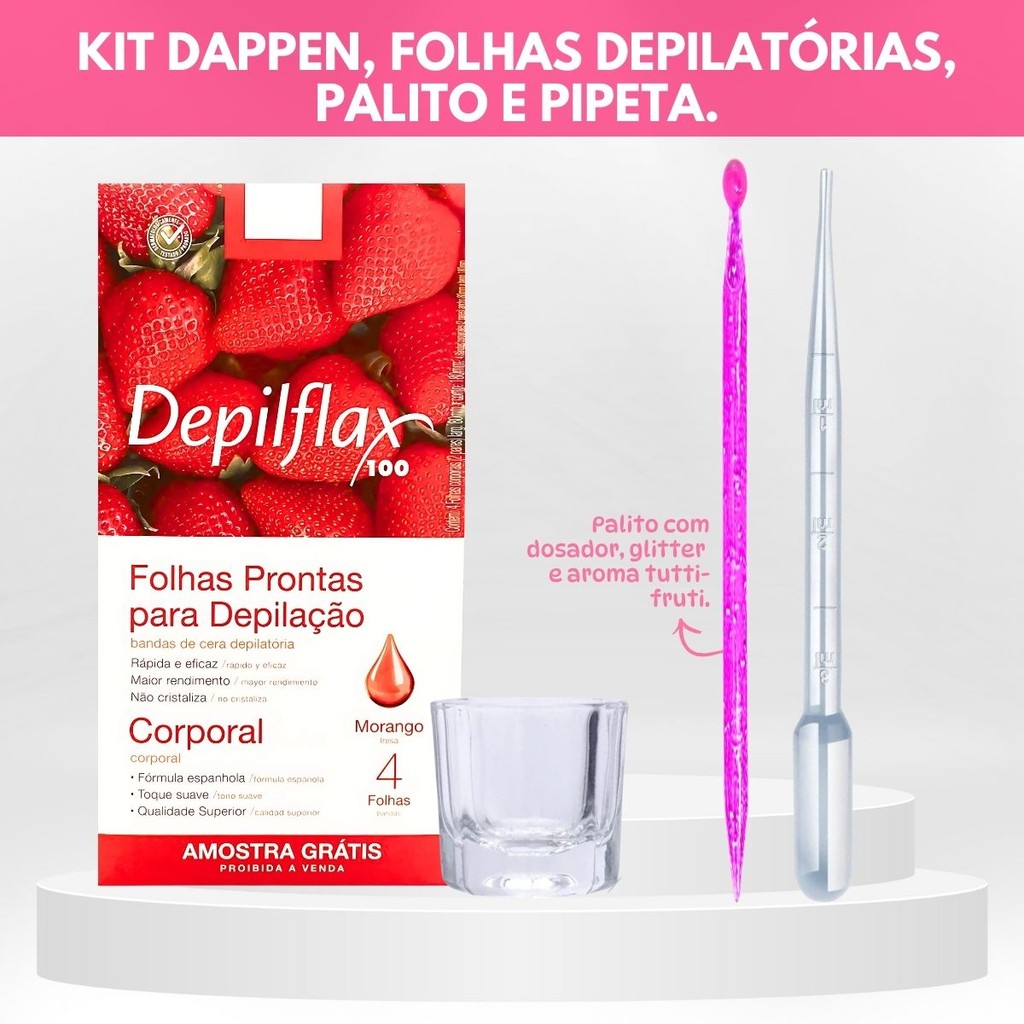Kit Designer Sobrancelhas Dappen Vidro, Palito Com Glitter (Aroma Tutti-Fruti) E Pipeta Leve Grátis 1 Folha De Depilação em Oferta na Shopee