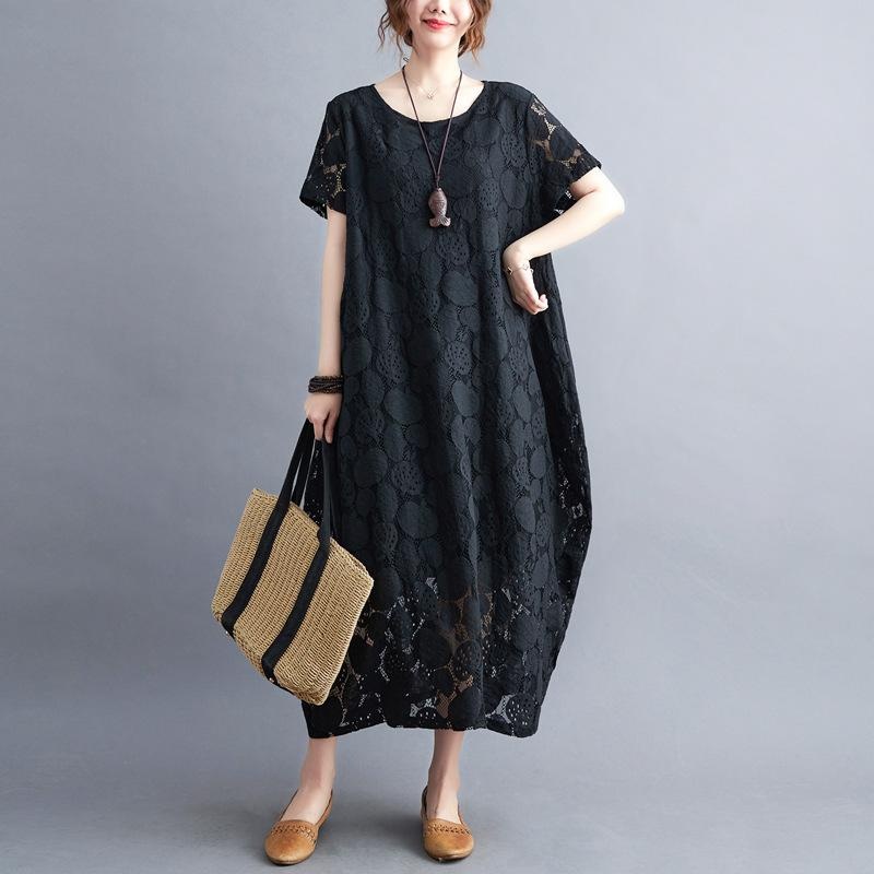 S-XXL Vestido De Renda Feminino Longo Midi Sólido Primavera Verão Outono Casual Elegante Manga Curta Solto Preto Branco