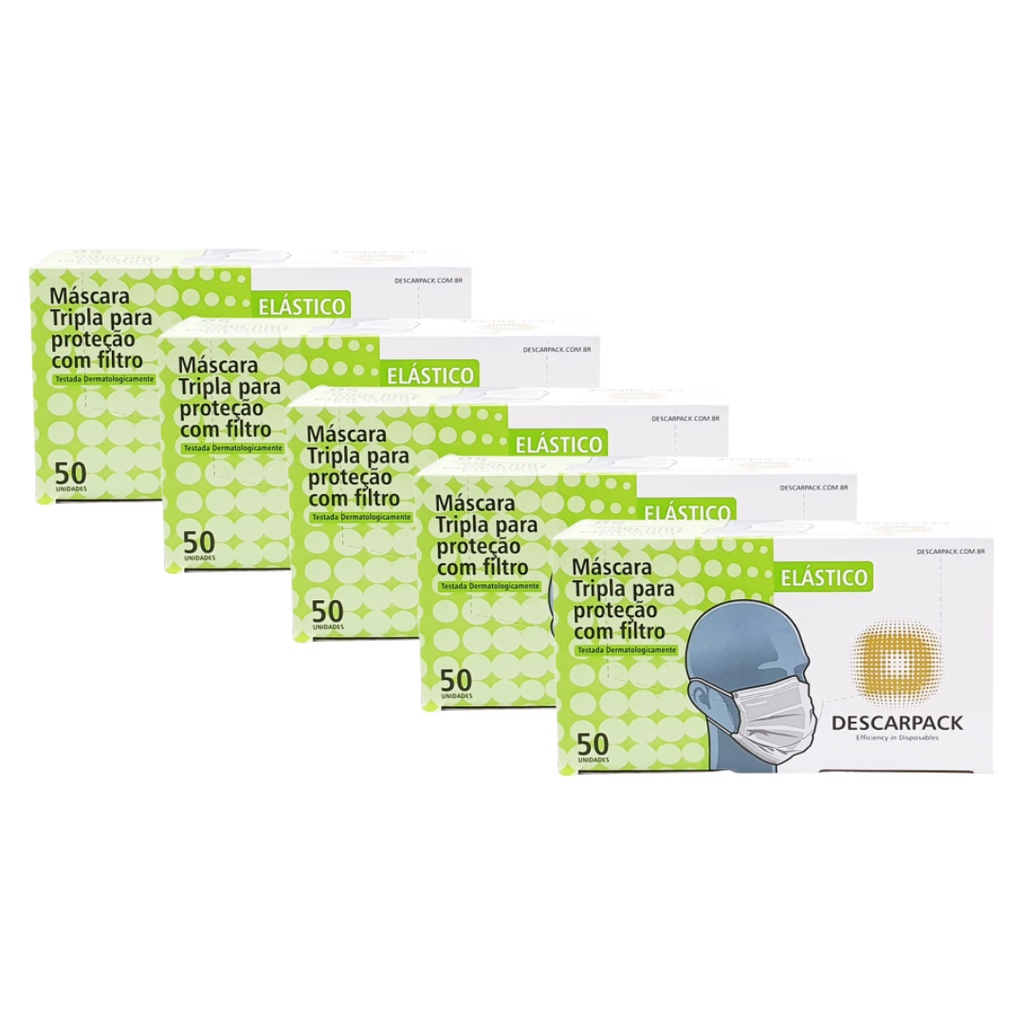 Kit de 5 Máscara Tripla Cirúrgica Descarpack caixa com 50 Unidades