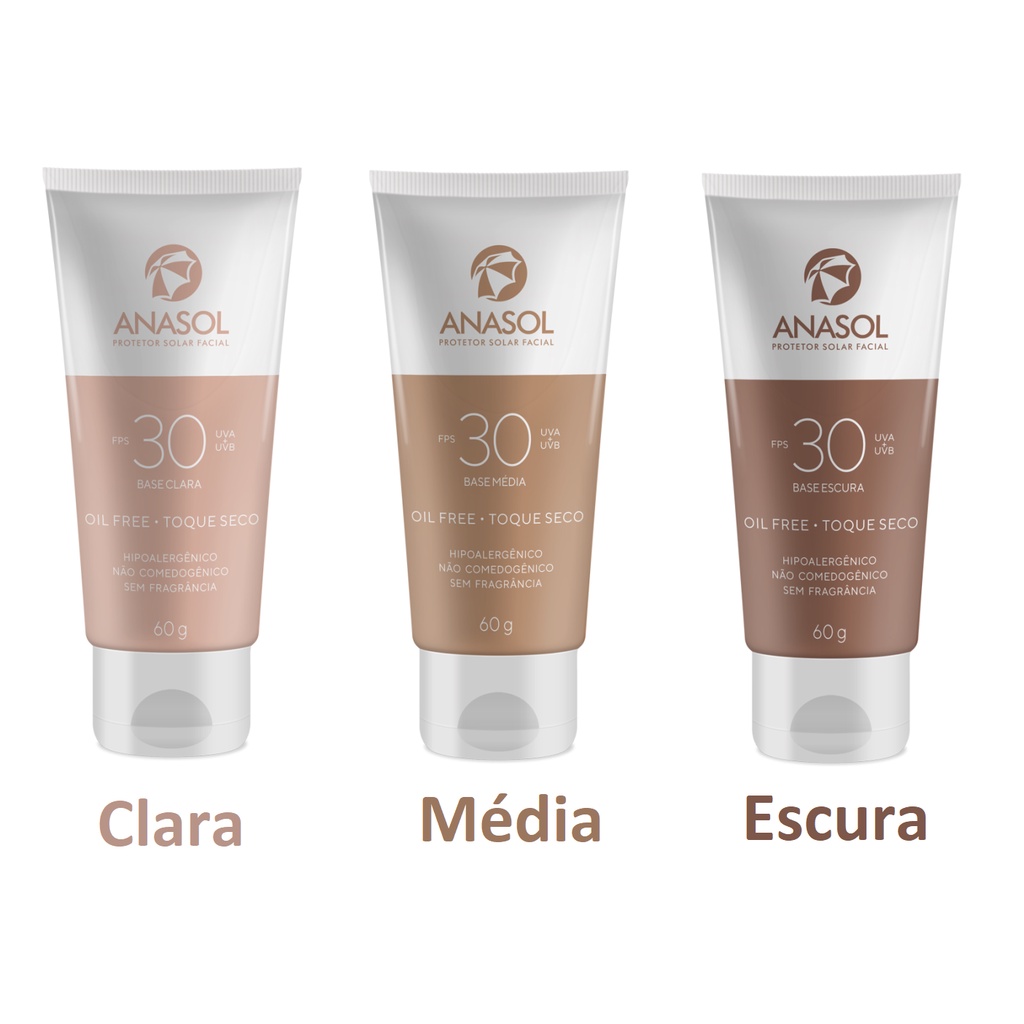 Protetor Solar Facial Base Média ou Clara ou Escura Anasol FPS 30 Com cor 60g em Oferta na Shopee