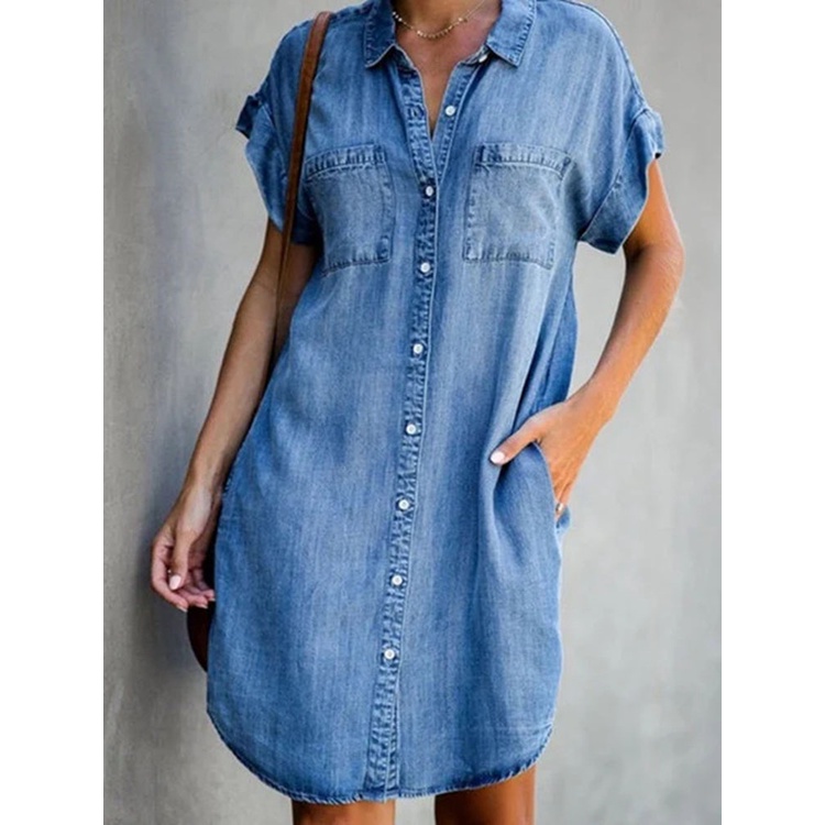 Vestido Casual Feminino Solto Curto De Verão Mini Camisa De Ganga De Peito Simples Retro De Escritório Saia Curta