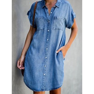 Vestido Casual Feminino Solto Curto De Verão Mini Camisa De Ganga De Peito Simples Retro De Escritório Saia Curta
