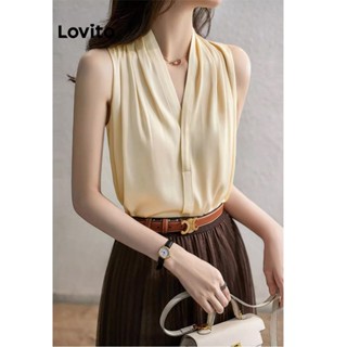 Lovito Elegante Blusa Feminina Lisa Plissada com Botão L71ED059 (Damasco)