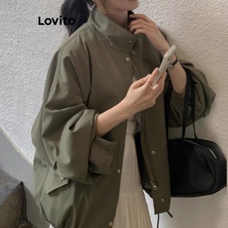 Lovito Casual Jaqueta Feminina Lisa com Botão Frontal LNE30131 (Verde Militar)