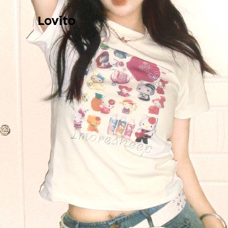 Lovito Casual Camiseta com Desenho Animado para Mulheres LNE20063 (Branco)