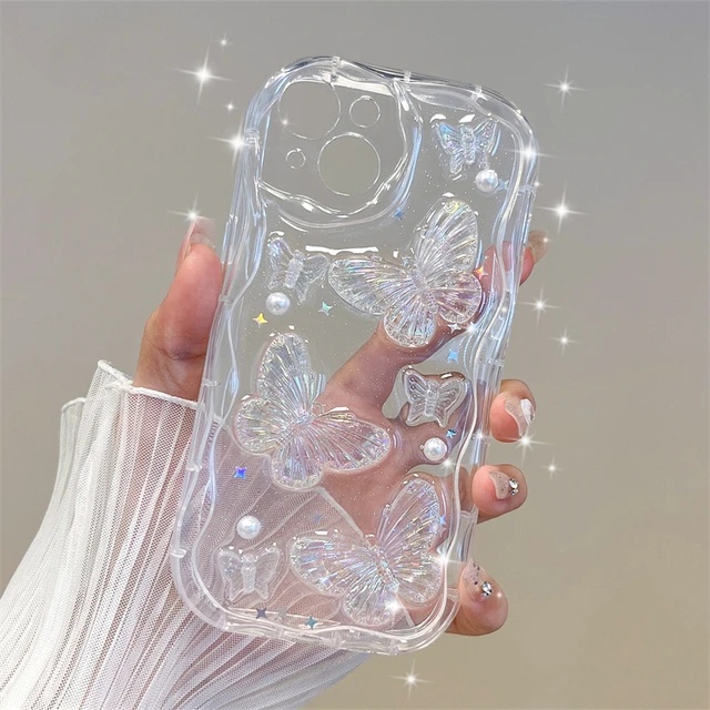 3D Borboleta Cristal Bling Glitter Caso Claro Para iPhone 17 Pro Max 16 15 14 Plus 13 12 11 X XR XS Brilhante Estrela Pé
