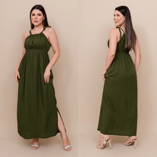 Vestido Casual Feminino Longo De Alças de Amarração com Fenda Lateral