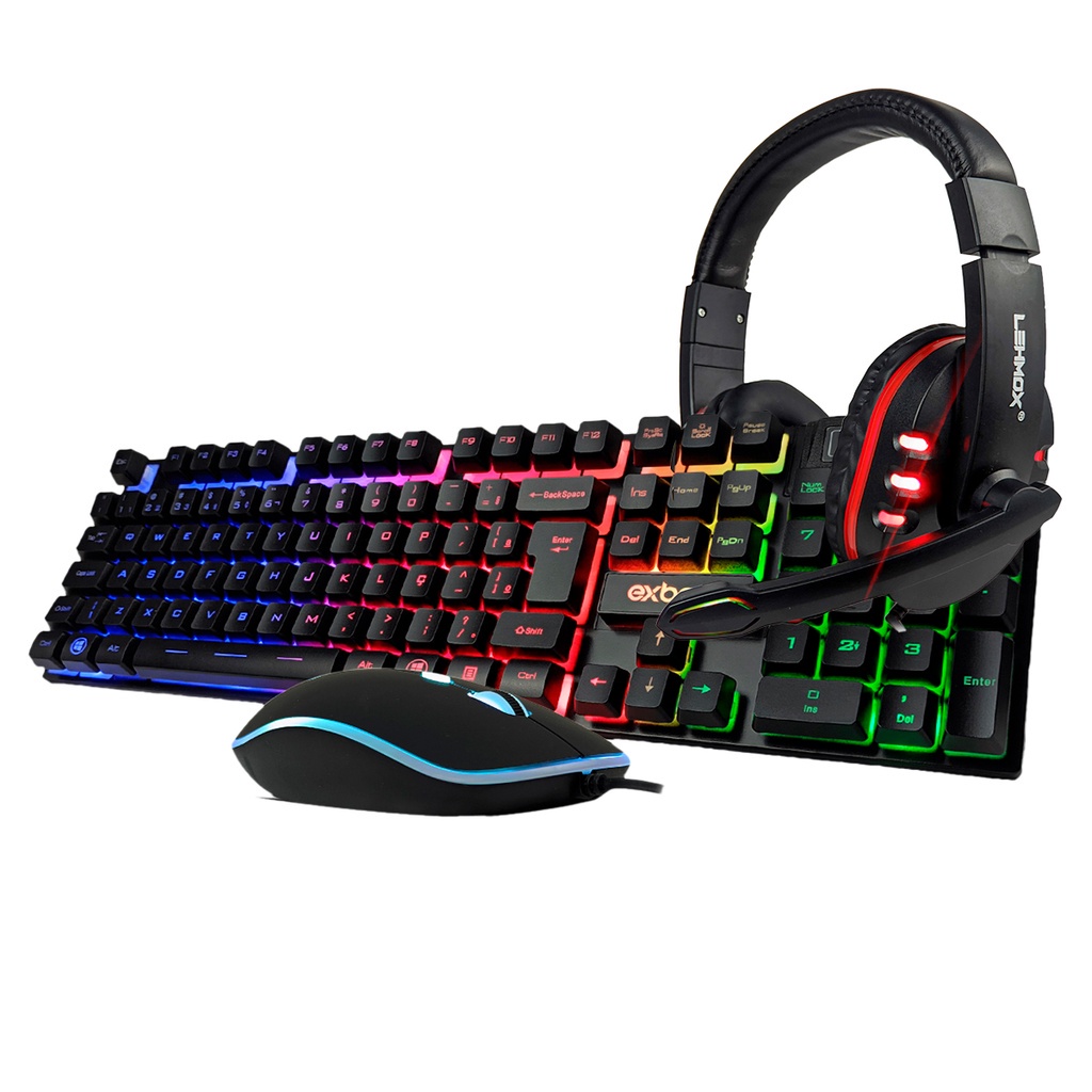 Kit Teclado e Mouse Multimidia LED RGB + Fone de Ouvido Vermelho Headset Gamer c/ Led Microfone