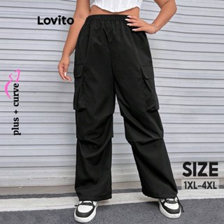 Lovito Plus Size Calça Feminina Casual Lisa com Bolso e Cordão LNE29171 (Preto)