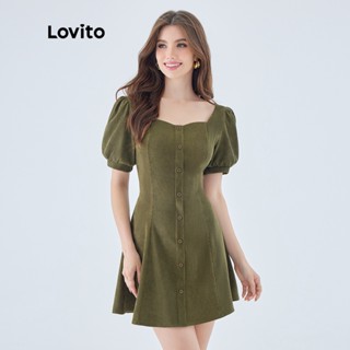 Lovito Minivestido Evasê Para Mulheres Vintage Simples Botão Frontal Mangas Curtas L49ED109 (Verde Escuro)