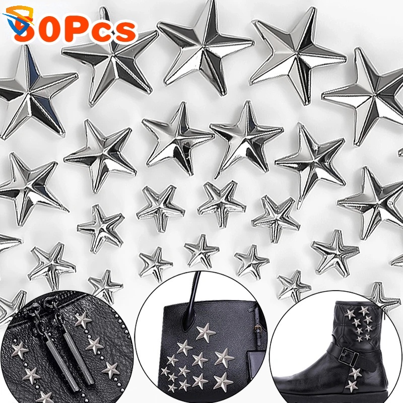 10/50Pcs 7/10/15/20mm Silver Star Rivets Punk Garment Stud Spikes Metal Pointy DIY Clothes Sapatos Saco Acessórios De Costura