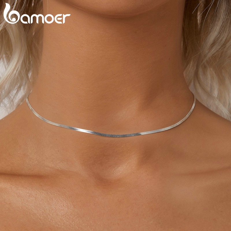 Colar Bamoer 925 Sterling Sliver Necklace Básico De Jóias Em Cadeia De Cobra Para Mulheres - Fashion Accessories