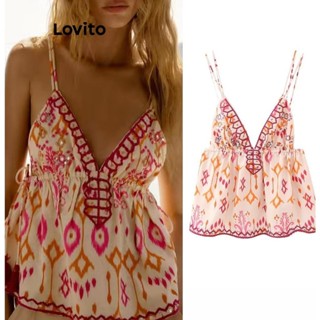 Lovito Regata Boho Geométrica Tassel Ruched Lace Up Para Mulheres LNL40057