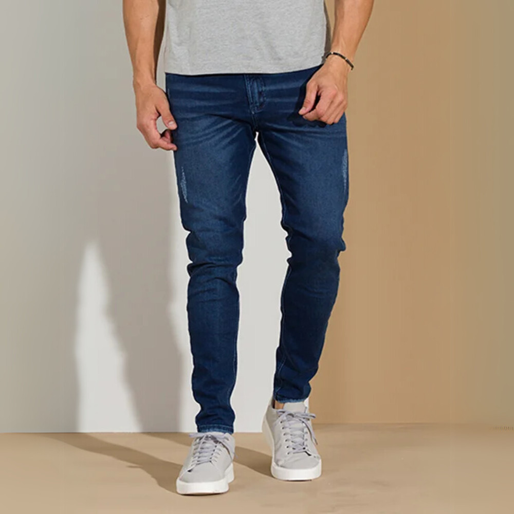 Calça Masculina Jeans Junior Puídos Escura Cintura Média Barra Reta