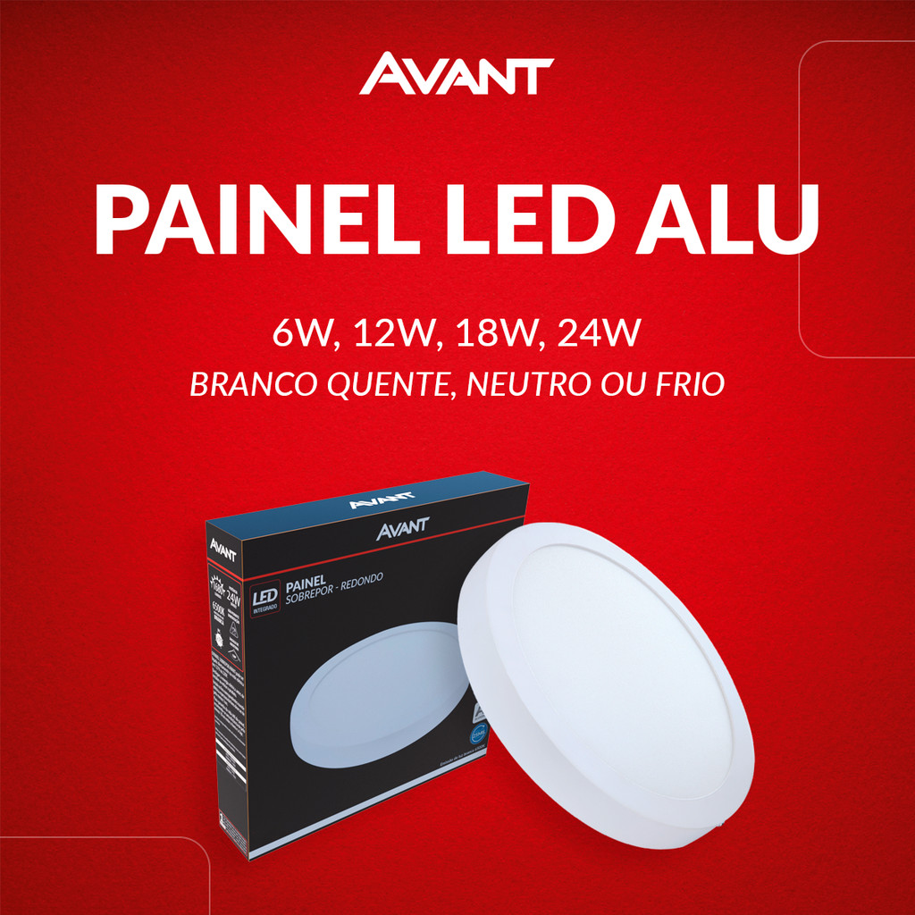 Painel Led Aluminio Redondo Sobrepor 6w 12w 18w 24w Branco Quente/Neutro/Frio 110v/220v Bivolt Branco Avant