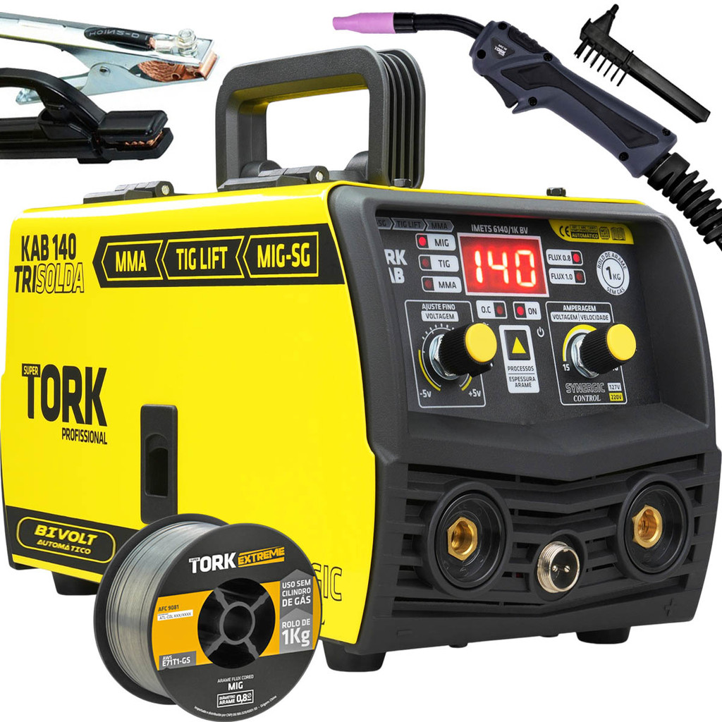 Maquina Inversor de Solda 3x1 Mig Sem Gás TIG-LIFT e MMA 140A Bivolt 127v 220v Super Tork em Oferta na Shopee