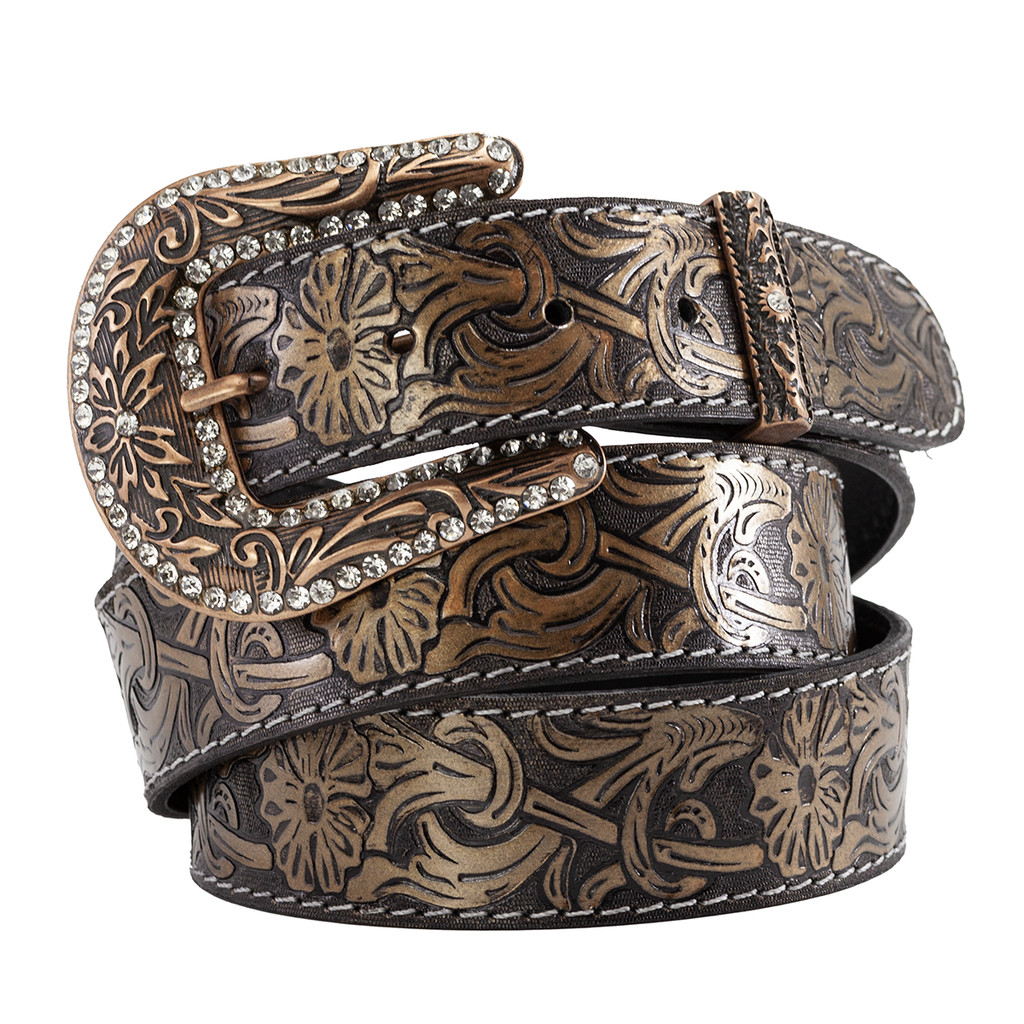 Cinto Country Feminino Floral Metalizadas Com Fivela Strass