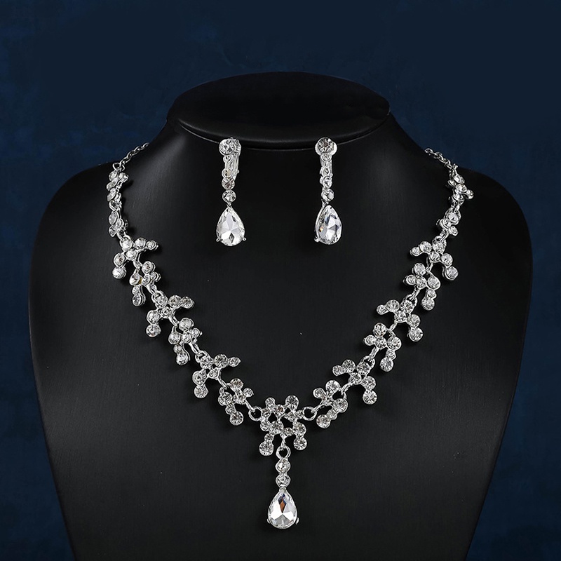 Conjunto De Joias De Strass Prateado Kit De Brincos De Colar De Coroa