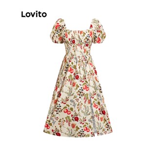 Lovito Boho Vestido Feminino Floral com Babados Manga Bufane e Decote Quadrado L51ED134 (Laranja)