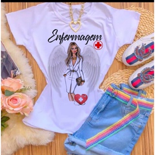 T-SHIRTS POLIÉSTER BRANCO ENFERMAGEM ASAS em Oferta na Shopee
