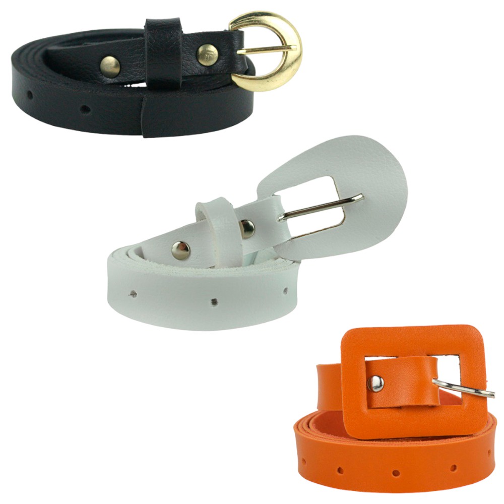 Combo Com 3 Cintos Femininos De Couro PU, Contém 1 Cinto Fino Preto Fivela Dourada Delicado Com Passante, 1 Cinto Branco Fivela Meia Lua E Cinto Com Fivela Quadrada Colorido, Ajustável Com Passante, Combina Com Vestido, Saia, Calças E Shorts Look Verão