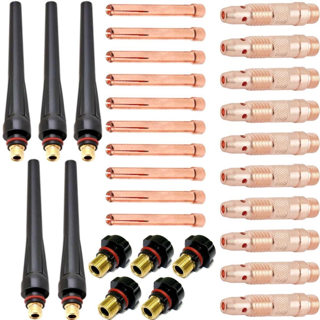 Kit Tig: 5 Pinças 1,6mm + 5 Pinças 2,4mm + 5 Porta Pinça 1,6mm + 5 Porta Pinça 2,4mm + 5 Capas Curtas + 5 Capas Longas