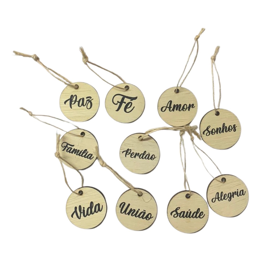 Kit 10 Bolinhas Madeira e Sisal Árvore Natal Enfeite Decoração Pendurar Palavras Natalinas