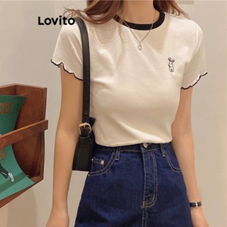 Lovito Casual Camiseta Feminina Lisa Básica com Estampa e Costura Contrastante LNE27061 (Branco)