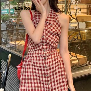 Lovito Vestido com Botões xadrez para Mulheres Casuais LNA19023 (Vermelho)