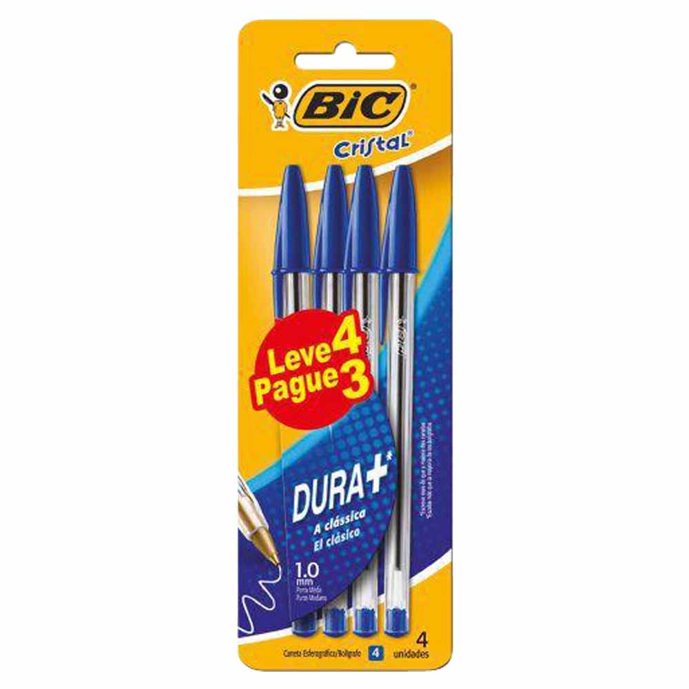 Caneta Esferografica BIC Cristal Dura+ 1.0mm Leve 4 Pague3 Azul Bic - 4UN