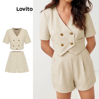 Lovito Casual Conjunto Feminino Liso Cropped de Shorts com Botão e Bolso L71ED122 (Conjunto Damasco/Terno Damasco/Shorts Damasco/Terno Preto/Shorts Preto)
